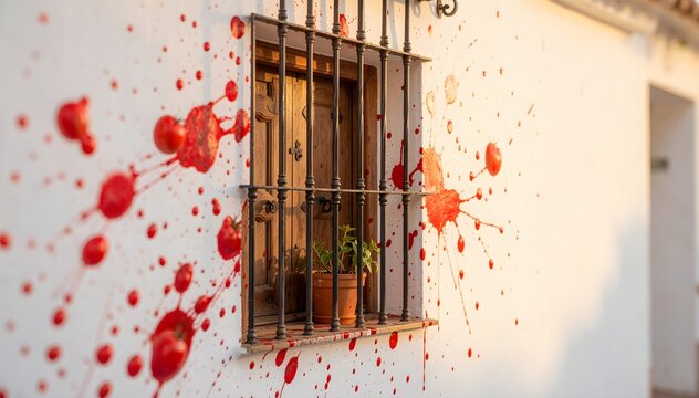 wrought iron window with wooden shutter on white wall and red tomato splatters