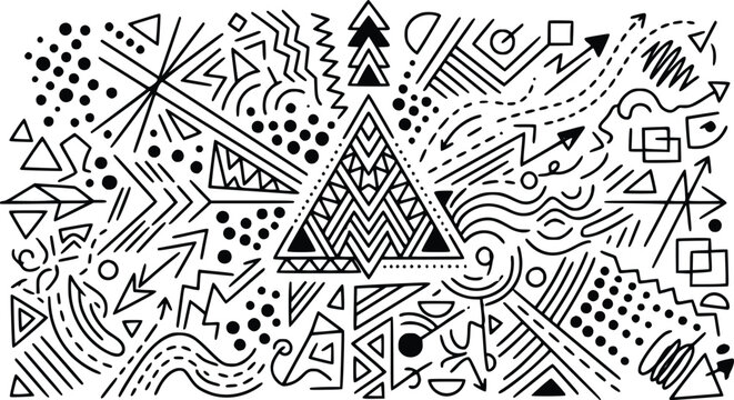 Abstract geometric doodle pattern hand-drawn black line art background