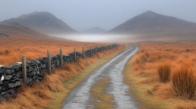A winding road through foggy mountains with a stone wall and orange grasslands under a gloomy sky with a (767).jpeg
