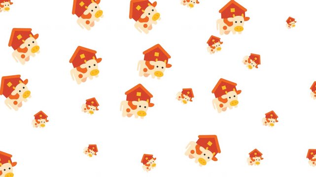 Multiple cute cartoon cows in little orange house hats pattern on alpha channel. Suitable for children products and farm related designs.