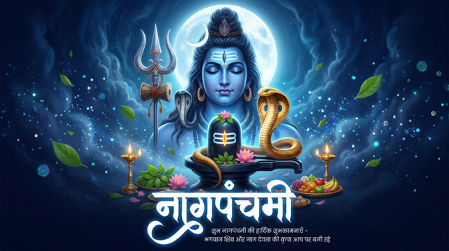 Lord Shiva With Sacred Cobra and Shiva Lingam for Nag Panchami Festival Greeting Banner