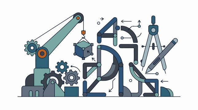 A stylized illustration of industrial and drafting tools in various shades of blue and gray