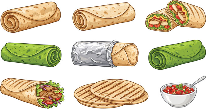 Mexican food burrito and wrap vector illustration set featuring grilled chicken shawarma spinach tortillas aluminum foil packing stack of flatbread and salsa bowl.