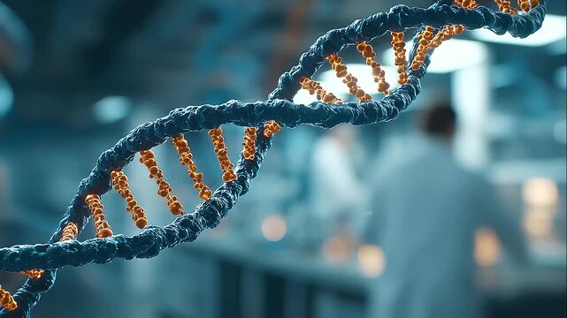 3D visualization of DNA double helix structure in foreground focus, glowing molecular strands, genetic science concept, biotechnology, biomedical research, abstract