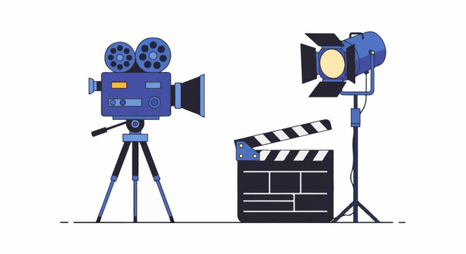 Classic film equipment vintage camera clapperboard and spotlight
