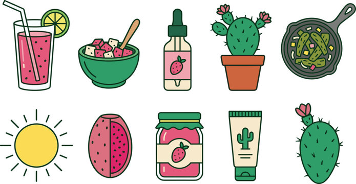 Prickly pear cactus and nopal flat line icon set vector illustration featuring juice drink salad skillet jam cosmetics skincare oil and fruit.