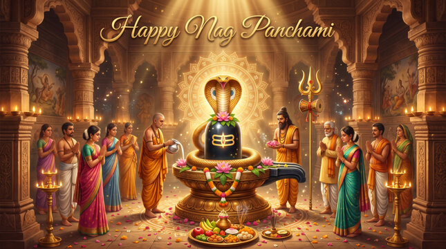 Devotees Performing Sacred Cobra Worship in Temple for Nag Panchami Festival Celebration