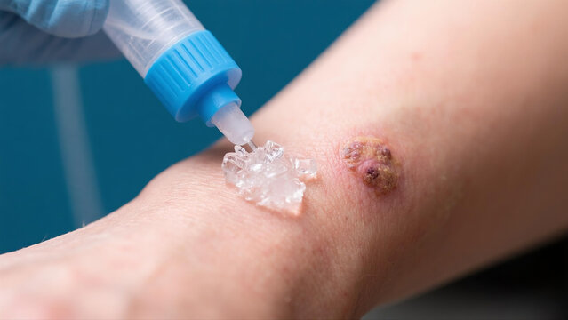 Cryotherapy treatment freezing common skin wart or verruca with ice crystals