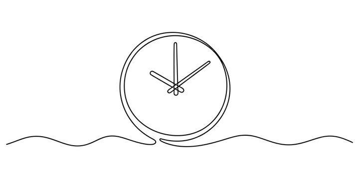 Continuous single line drawing of a clock showing time with a simple wave pattern