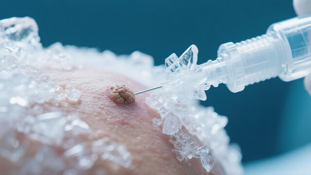Cryotherapy treatment freezing common skin wart or verruca with ice crystals