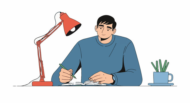 A person writes in a notebook under a desk lamp with a plant in a cup nearby