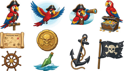 Pirate adventure vector cartoon illustration set featuring cute macaw parrot wearing captain hat treasure chest map gold skull coin anchor and flag. © Shefali