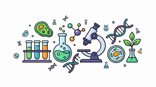 Colorful illustration of various science laboratory equipment and symbols (1)