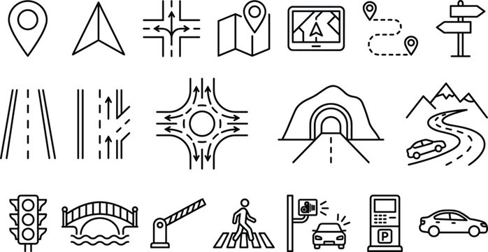 Navigation and road traffic line icon set featuring maps pins crossroad roundabout tunnel bridge and highway