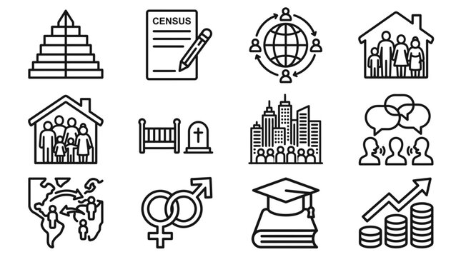 Demographics Icons Set: Population, Census, Family, City, Education, Growth