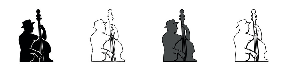 Musician playing the upright bass in a fedora hat, presented in four distinct icon styles © Ophelia