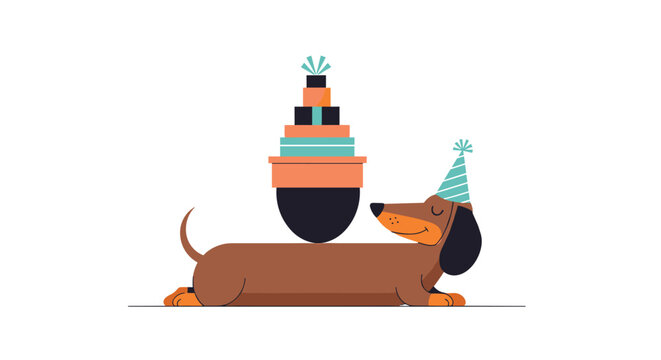 Whimsical cartoon illustration of a cute dachshund dog balancing a stack of colorful gift boxes on its back.
