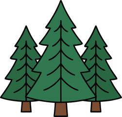 Fototapeta premium Three evergreen pine trees vector illustration with dark outlines and green foliage.
