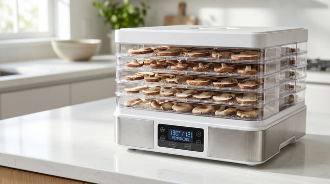 Wild Mushroom Season food dehydrator drying edible mushrooms in modern kitchen