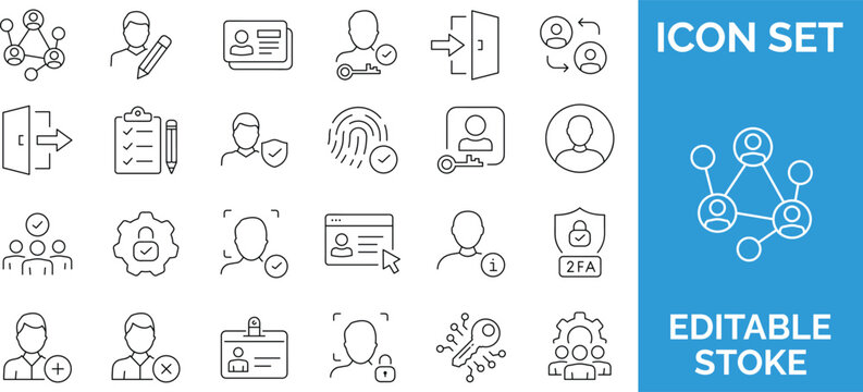 Set of 36 user management, security, and authentication icons with editable stroke on transparent background.