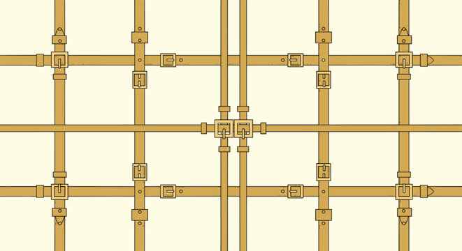 Seamless vector background pattern of intersecting brown leather straps with metal buckles on cream color.