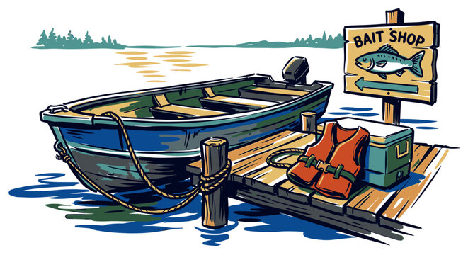 Retro fishing boat docked at wooden pier with bait shop sign and gear, vintage graphic illustration for t-shirt design and outdoor branding.