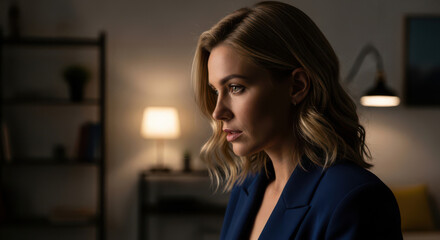 Obraz premium Thoughtful professional woman in a dimly lit modern office space