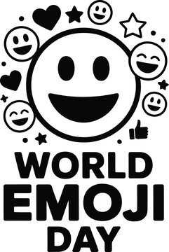 World emoji day vertical poster featuring large central smiley face and decorative elements.