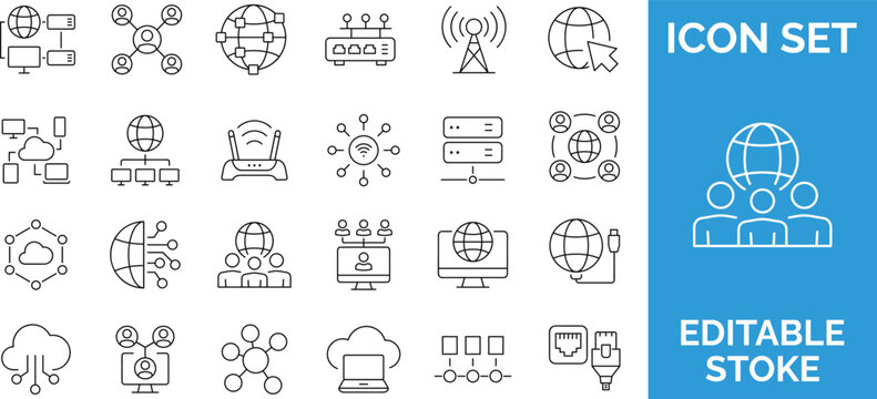Computer network and global connectivity icons set for server management data infrastructure and hosting systems.