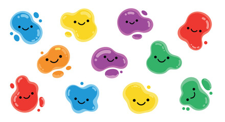 Obraz premium Cute liquid drop characters with funny smiley faces in various bright colors isolated on a white background.