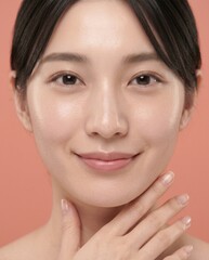 Obraz premium 首筋に軽く触れる、穏やかな表情を浮かべる日本人女性のビューティー・クローズアップポートレート