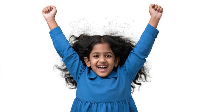 Girl jumping with arms raised celebrating against white background
