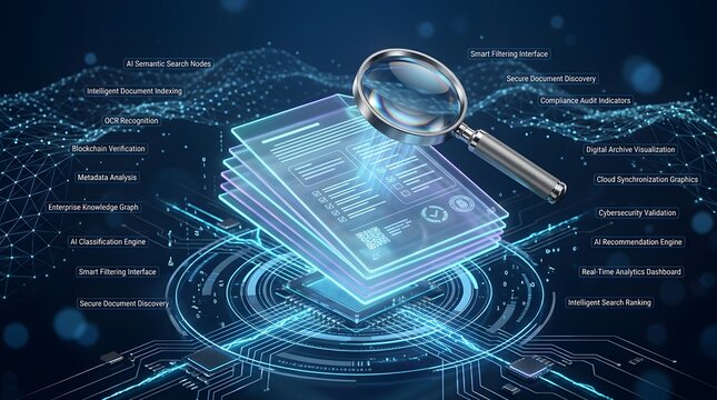Magnifying glass over a stack of glowing digital documents with artificial intelligence processing labels representing e-discovery and intelligent search.