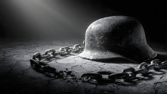 Old metal helmet resting on cracked dry earth surrounded by rusted iron chains representing historical conflict and the heavy burden of past warfare during significant times of human struggle