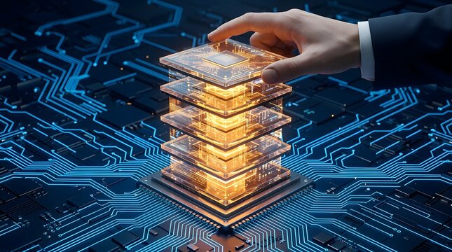 Human hand assembling a glowing stacked processor on a blue circuit board illustrating artificial intelligence integration and futuristic semiconductor technology.