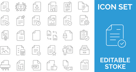 Fototapeta premium Document line icon set, paper file and office work signs, contract and report symbols, editable stroke.