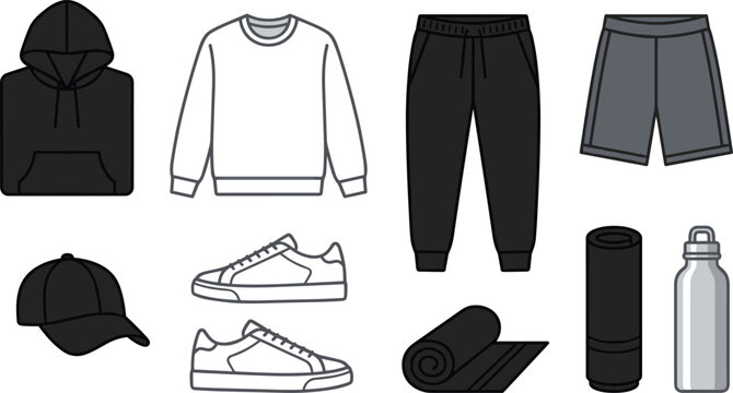 Sportswear and fitness flat line icon set vector illustration featuring hoodie sweatshirt sweatpants shorts baseball cap sneakers yoga mat and water bottle.