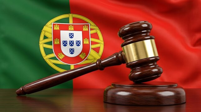A wooden judge's gavel resting on a table in front of the Portuguese flag, symbolizing law and justice in Portugal.
