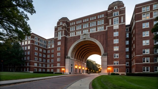 Large red brick university building with a grand arched entrance at sunset in the early evening