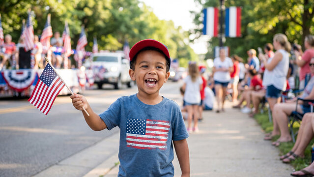 Fourth of July parade featuring mixed-race toddler boy with American flag for patriotic celebration marketing materials and greeting designs