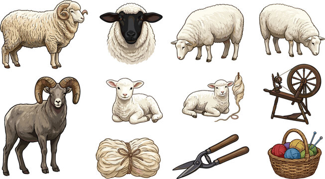 Sheep and wool production vector illustration set featuring realistic rams with horns ewes lambs spinning wheel shearing clippers and knitting yarn basket elements.