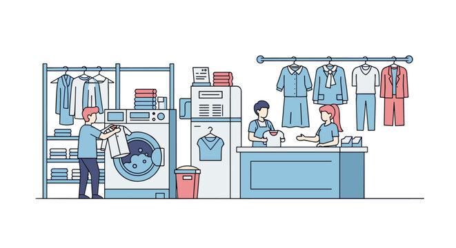 Dry cleaning and laundry service scene with staff sorting and washing clothes in laundry machines, vector concept.