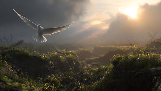 A white dove flies peacefully over a green grassy valley towards the horizon where golden sun rays break through dark storm clouds creating a symbol of hope and serenity in the natural wilderness