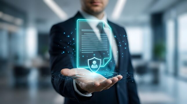 Professional businessman displaying a glowing digital document hologram with a user shield icon representing personal data protection and secure electronic files.