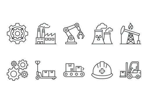 Industrial and manufacturing line icon set isolated on white background. Vector illustration of factory, robot arm, gear, forklift, safety helmet, conveyor, and logistics elements.