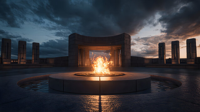 Dramatic twilight scene a grand fire pit blazes, reflecting on a wet plaza surrounded by monumental pillars, evoking ancient power