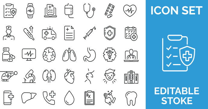 Medical and healthcare line icon set for hospital equipment and patient services.