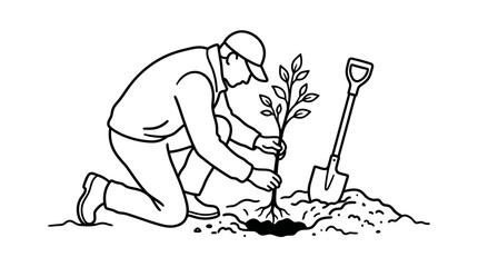 A black and white line art illustration of a man planting a small tree in the ground with a shovel nearby. © Nyadong