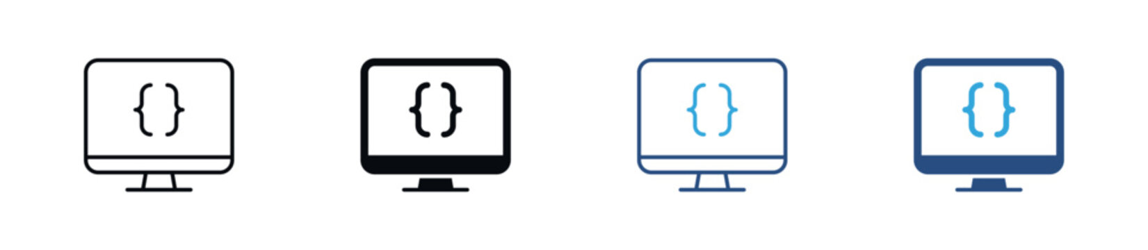 Programming Monitor Icon Set. Software Development, Coding Brackets, Source Code and Computer Programming Symbols. Vector Illustration.