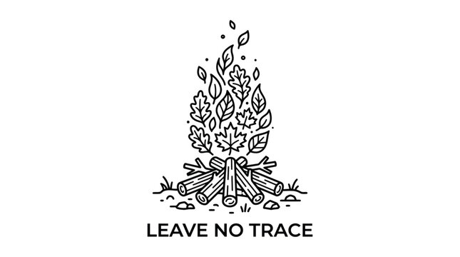 Leave No Trace hand drawn campfire illustration with leaves as flames.